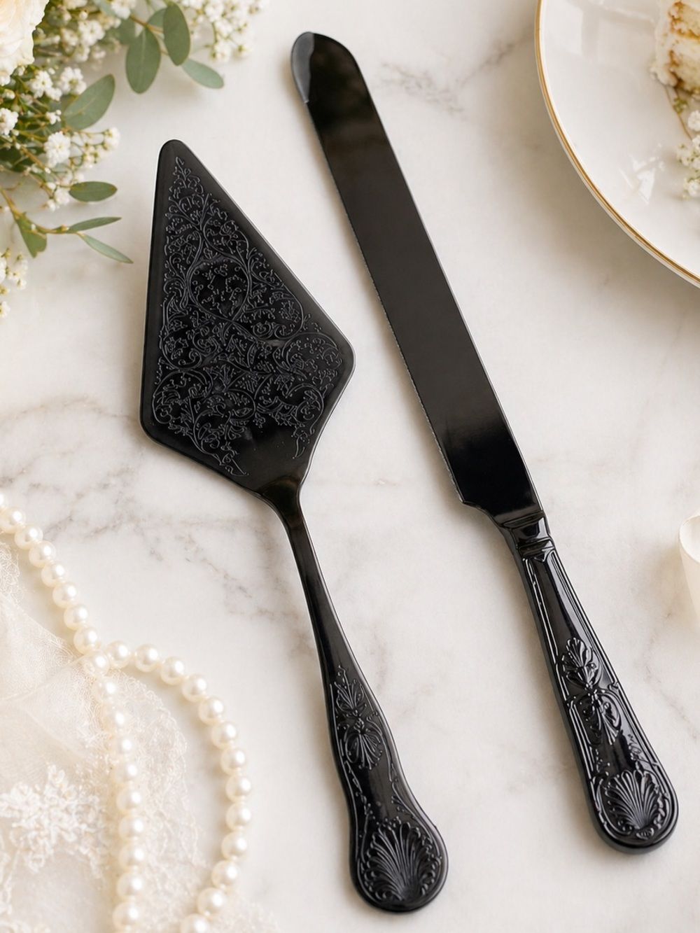 Wedding Cake Knife Server Set Black Floral Embossed Stainless Steel Serving Box
